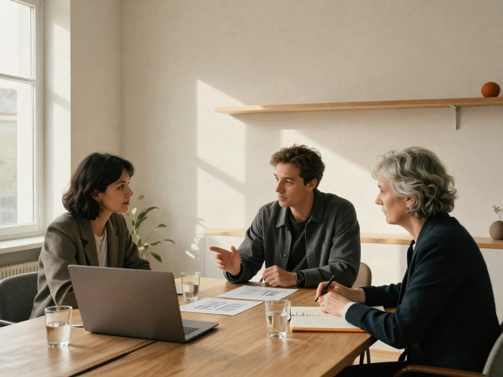 A collaborative business review around a table, with colleagues discussing charts and strategic priorities